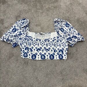 ZARA Blue Ikat Puff Sleeve Crop Top Size L